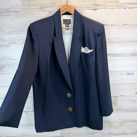 Vintage 90s Suzelle Silk Blazer Navy Gold Buttons Old Money Power Blazer 10 - Picture 5 of 11